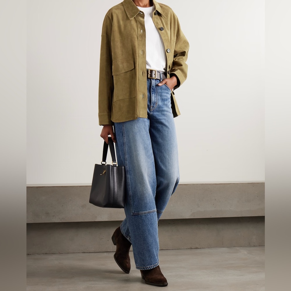 ARMA Kaylee Button-Down Lambskin Suede Jacket - Olive - Size 40 - Size Large